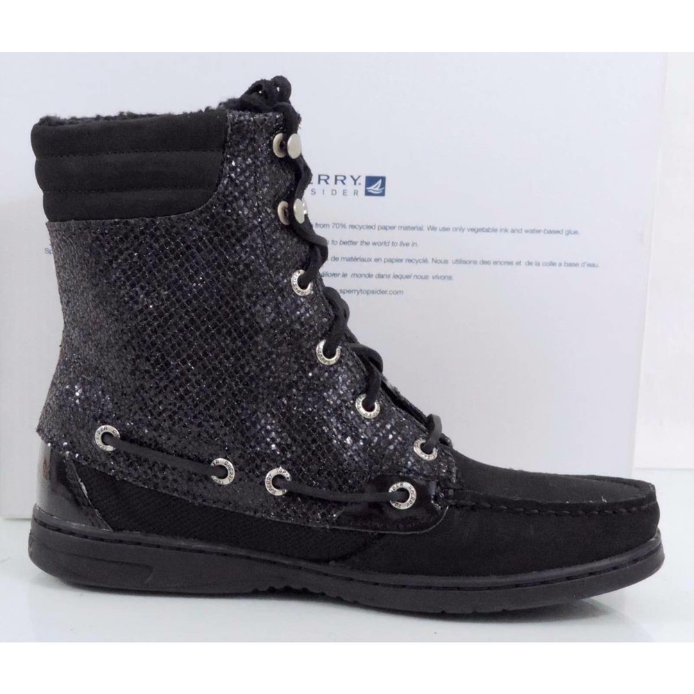 Sperry Top Sider Hiker Fish Boat Boots Lace Up Black Glitter Size 6 - Picture 4 of 8